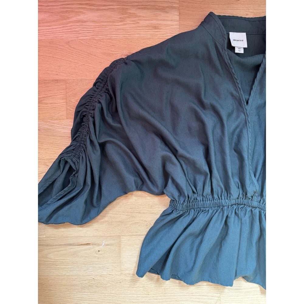 Maeve Anthropologie Dark Green Linen Blend Ruched Sleeve Peplum Blouse XS Earthy - Picture 4 of 8